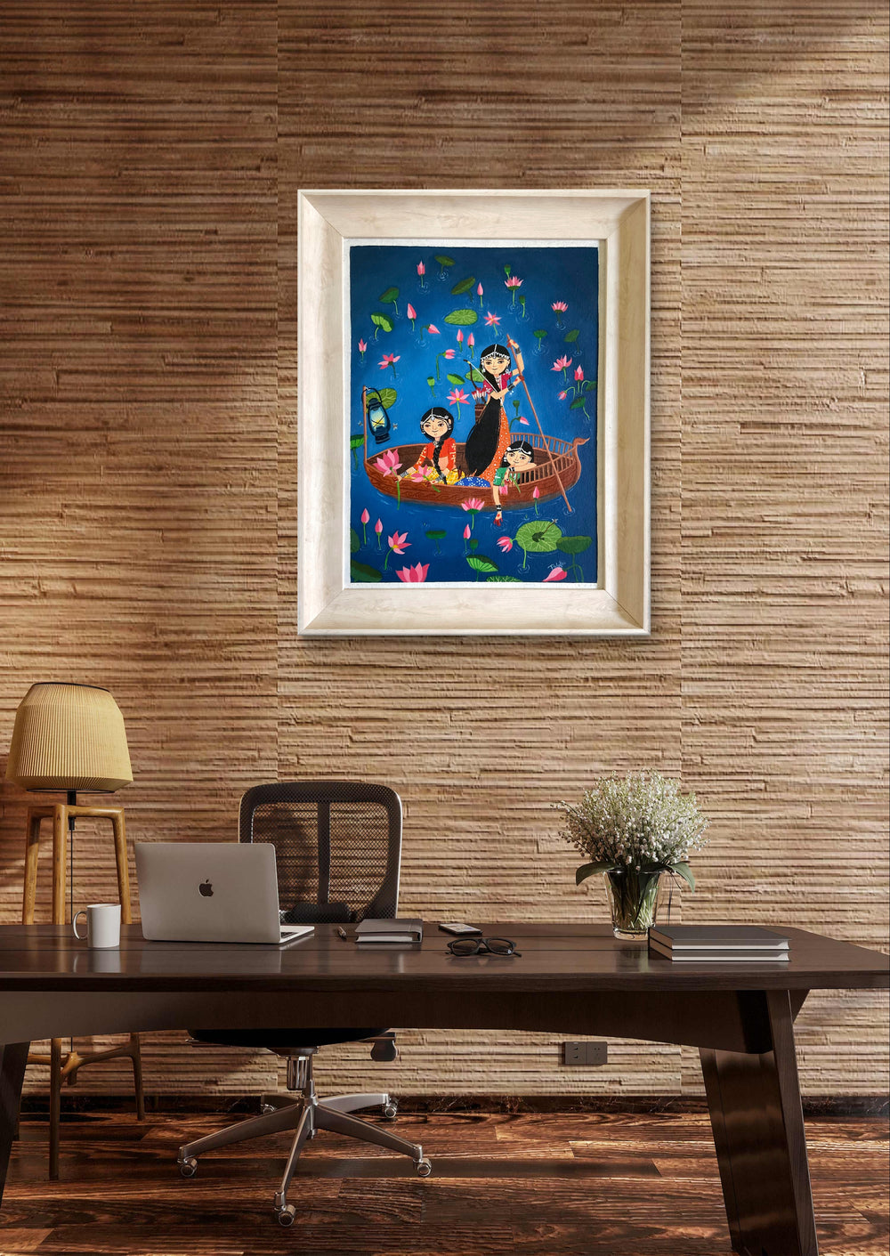 Traditional Lotus Valley oil painting framed and hung in a stylish office space with wooden decor.