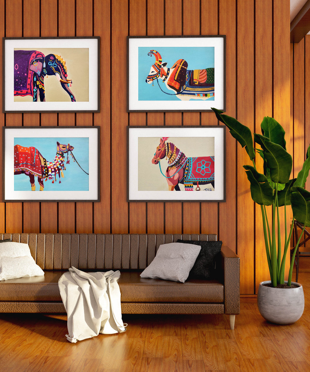 Luxoré Indian Menagerie Quartet of Decorated Handmade Animal Paintings