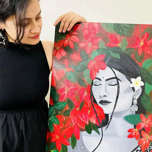 Luxoré Floral Harmony of Abstract Handmade Painting Featuring Girl and Red Flower