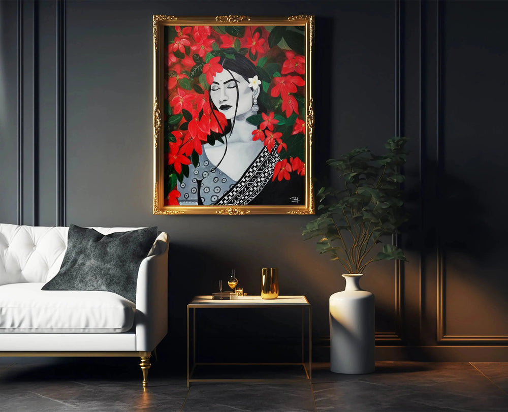 Luxoré Floral Harmony of Abstract Handmade Painting Featuring Girl and Red Flower