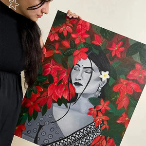 Luxoré Floral Harmony of Abstract Handmade Painting Featuring Girl and Red Flower