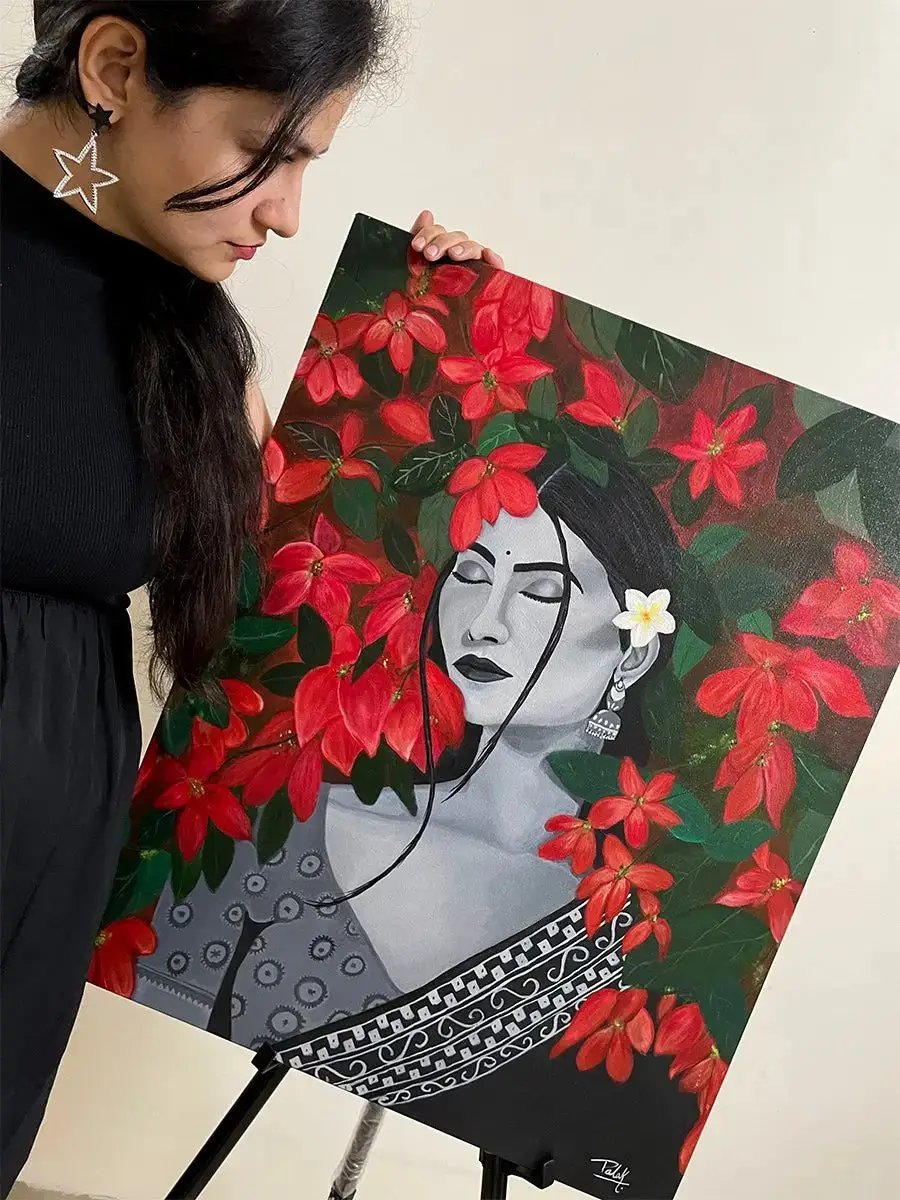Luxoré Floral Harmony of Abstract Handmade Painting Featuring Girl and Red Flower