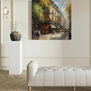 a painting on a wall of a street corner