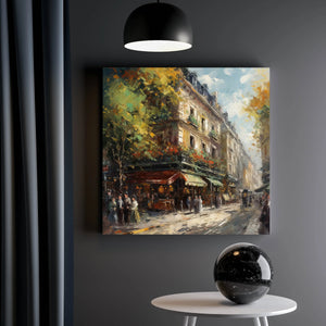 a painting hanging on a wall above a table