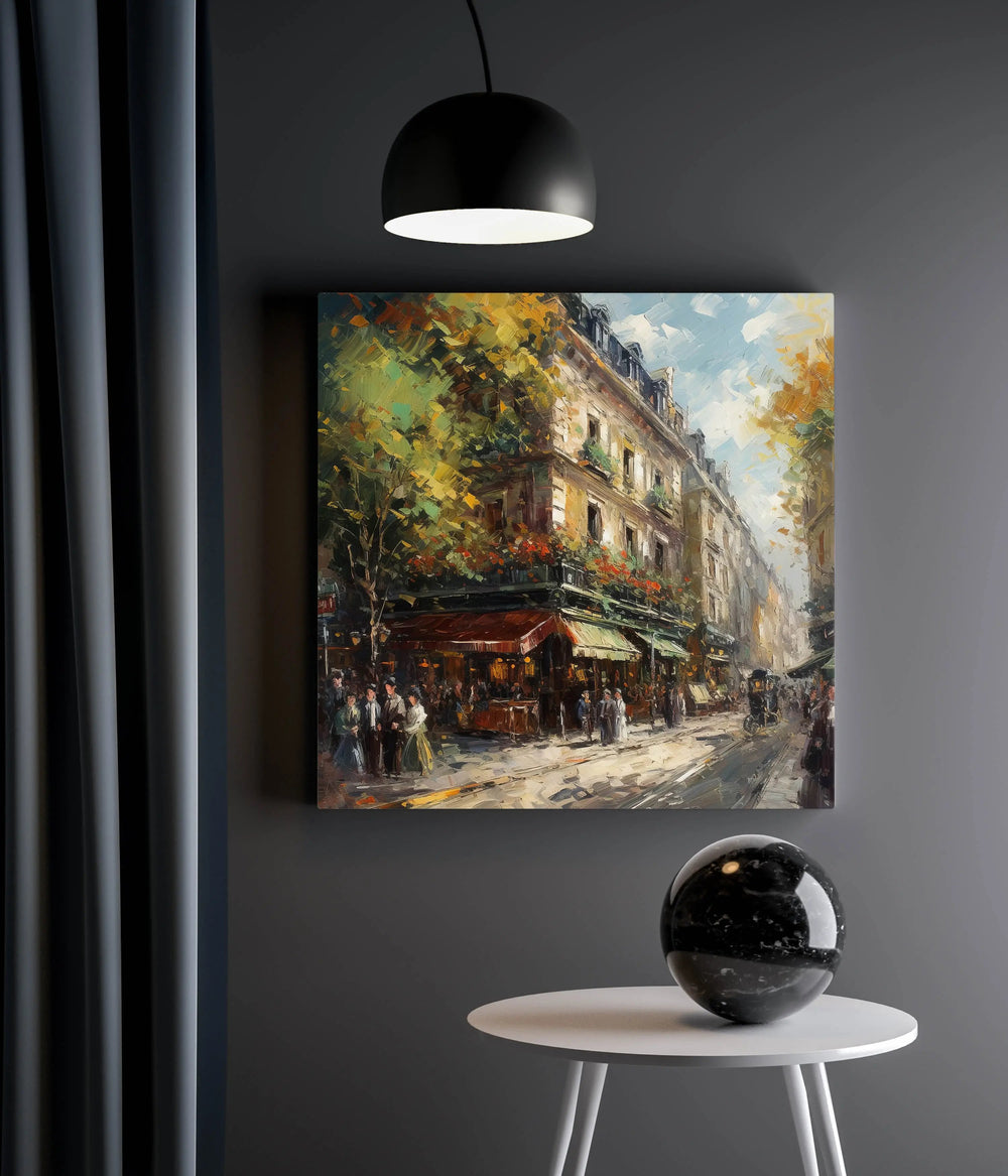 a painting hanging on a wall above a table