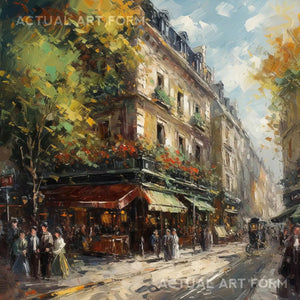 a painting of a city street with people walking by