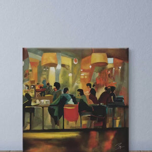 Digital oil painting of a cafe interior, leaning against a wall on a wooden floor.