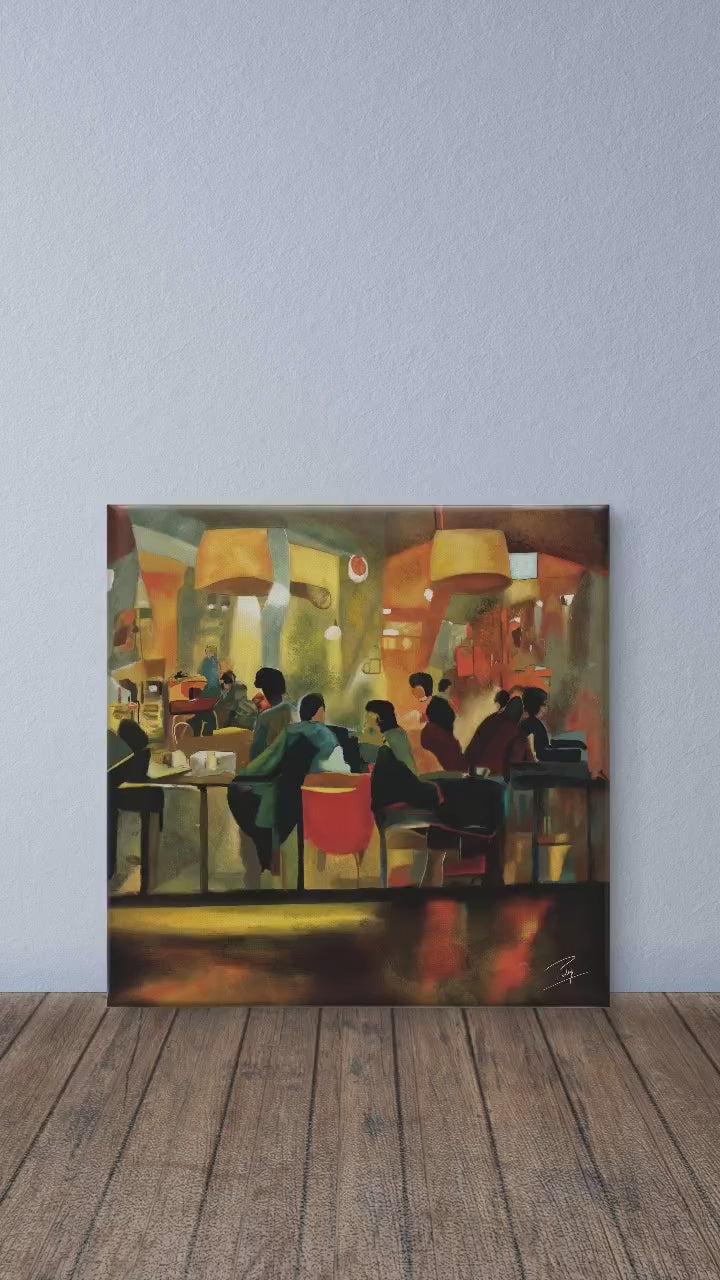 Digital oil painting of a cafe interior, leaning against a wall on a wooden floor.
