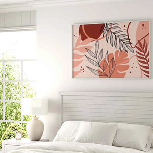 Bohemian Peach Blaze digital painting displayed above a white bed in a bright bedroom.