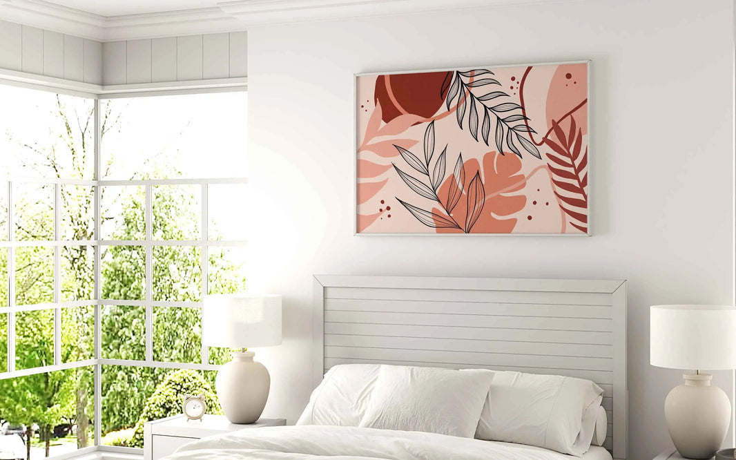 Bohemian Peach Blaze digital painting displayed above a white bed in a bright bedroom.