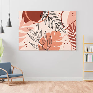 Bohemian Peach Blaze digital painting with red leaves in a modern living room.