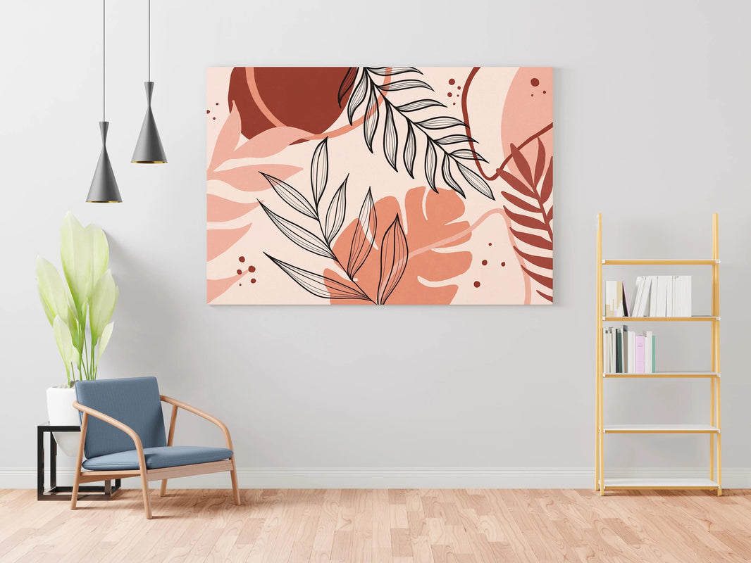 Bohemian Peach Blaze digital painting with red leaves in a modern living room.