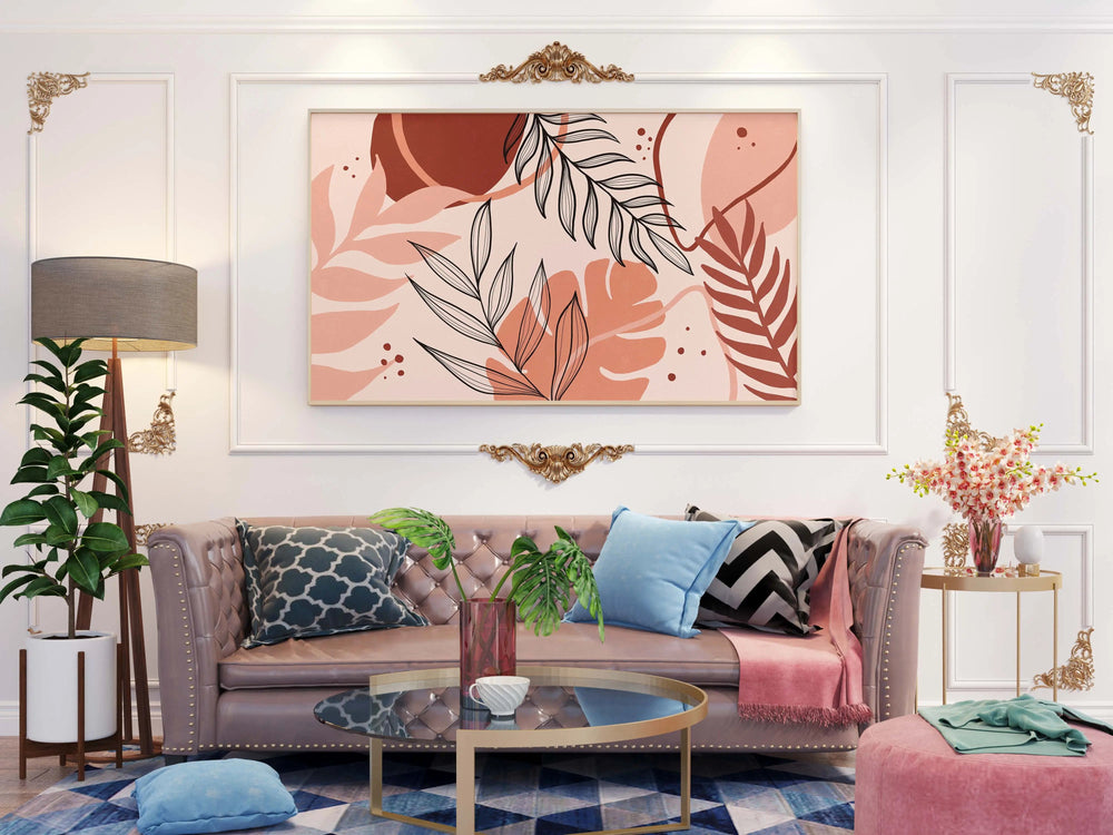 Bohemian Peach Blaze digital painting in a luxurious living room with elegant decor.