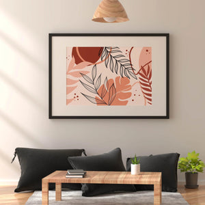 Bohemian Peach Blaze digital painting in a minimalist room with black cushions and wooden furniture.