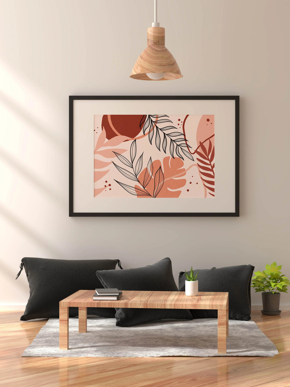 Bohemian Peach Blaze digital painting in a minimalist room with black cushions and wooden furniture.