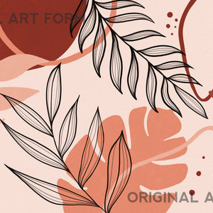 Close-up of Bohemian Peach Blaze digital painting featuring abstract red and peach leaves.