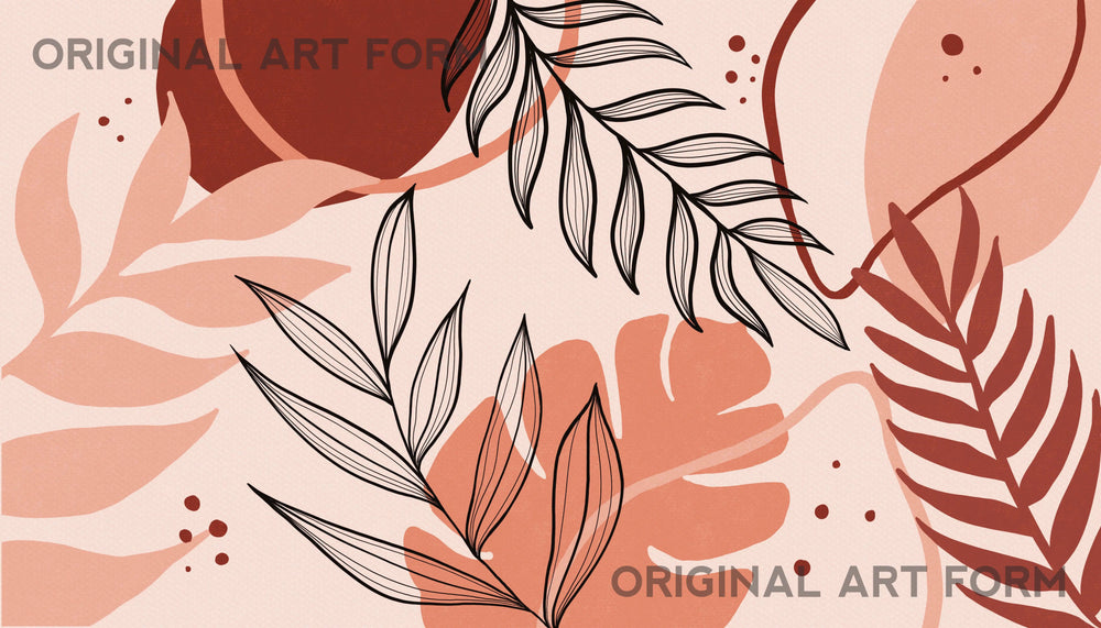 Close-up of Bohemian Peach Blaze digital painting featuring abstract red and peach leaves.