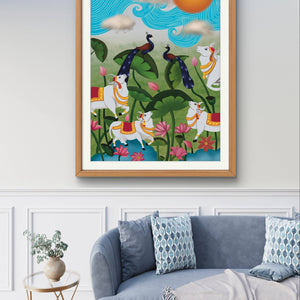 Bright Pichwai digital painting with lotus flowers and animals in a chic living room.