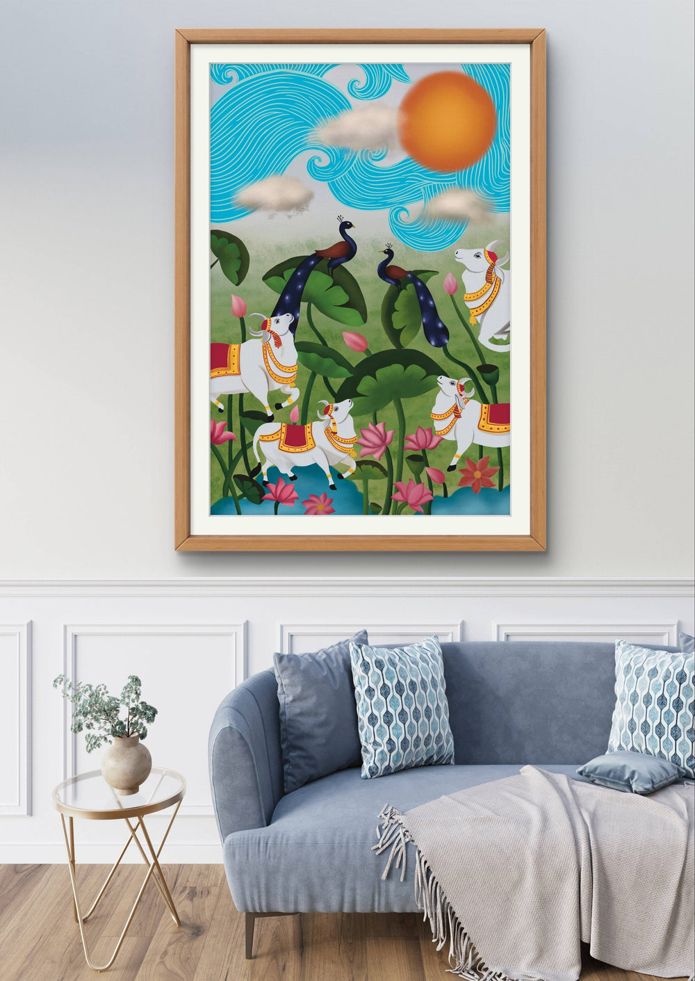 Bright Pichwai digital painting with lotus flowers and animals in a chic living room.