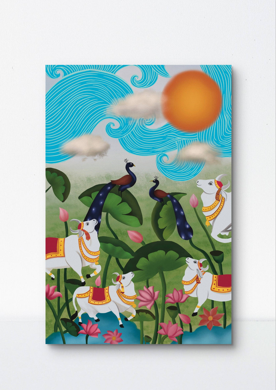Unframed Pichwai garden digital painting with cows, peacocks, and lotus flowers on display.