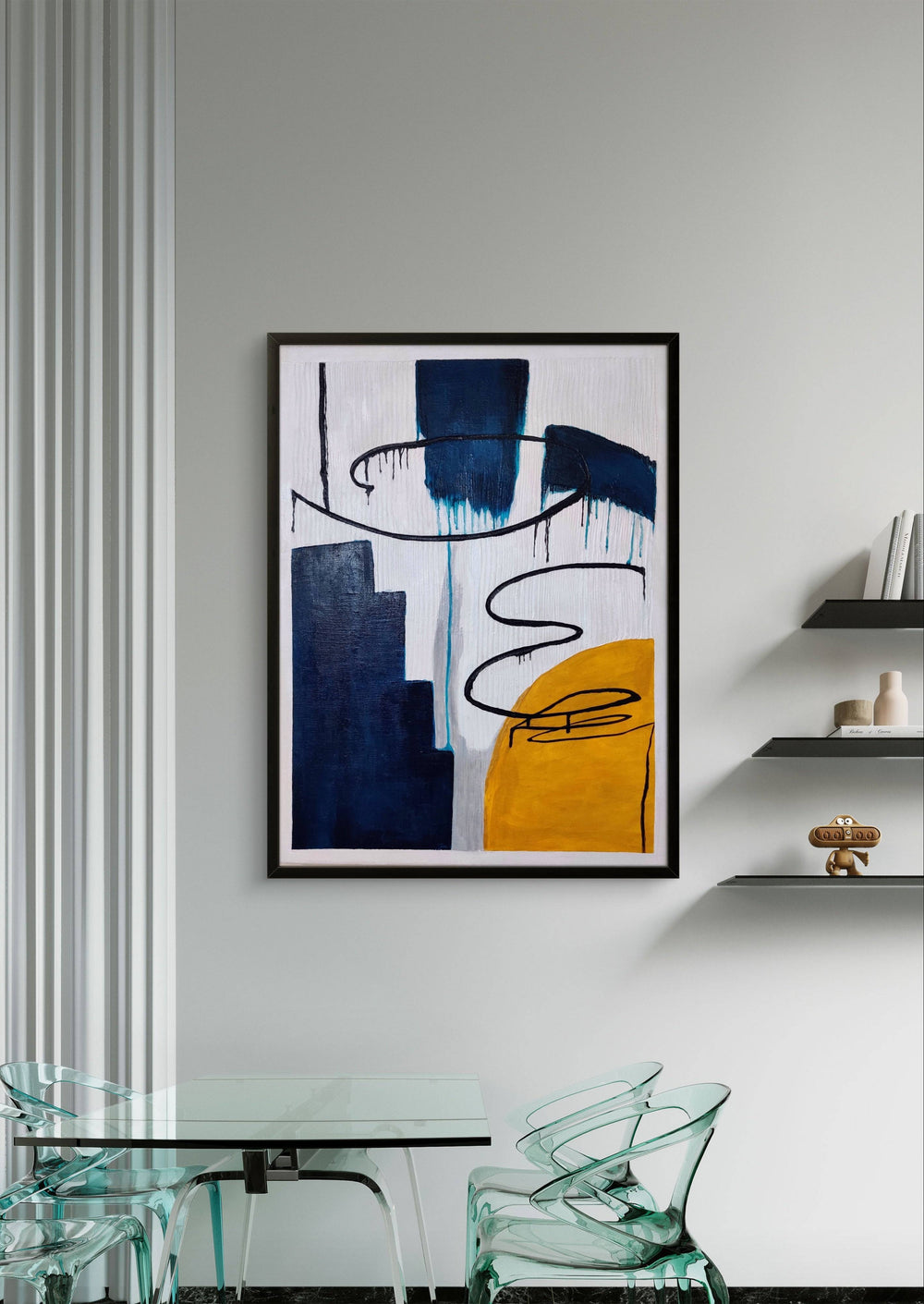 Contemporary abstract painting with blue and yellow textures in a modern dining area.