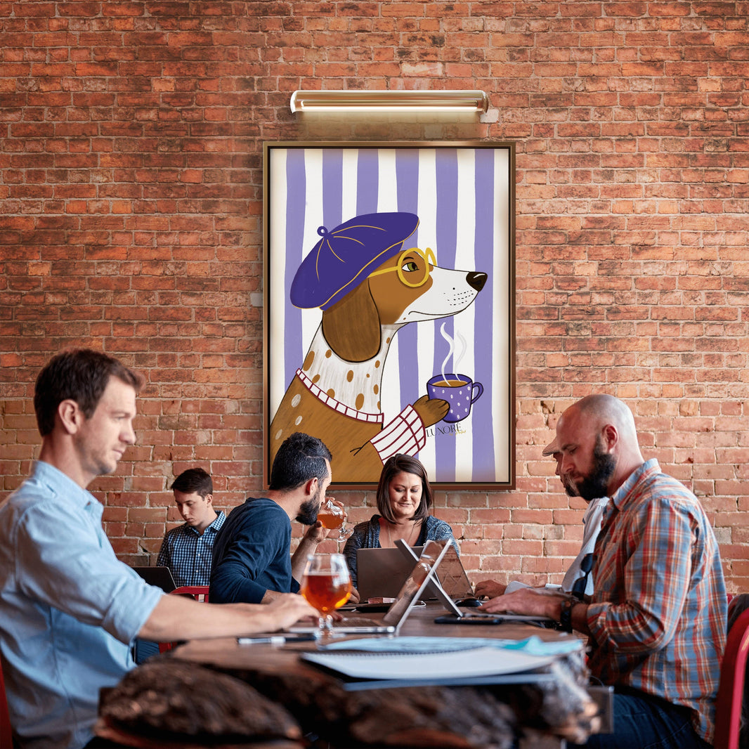 Coffee Dog Wall Art - Digital Artwork for Pet Lovers featuring a stylish dog sipping coffee in a striped background, perfect for cafes or home decor.