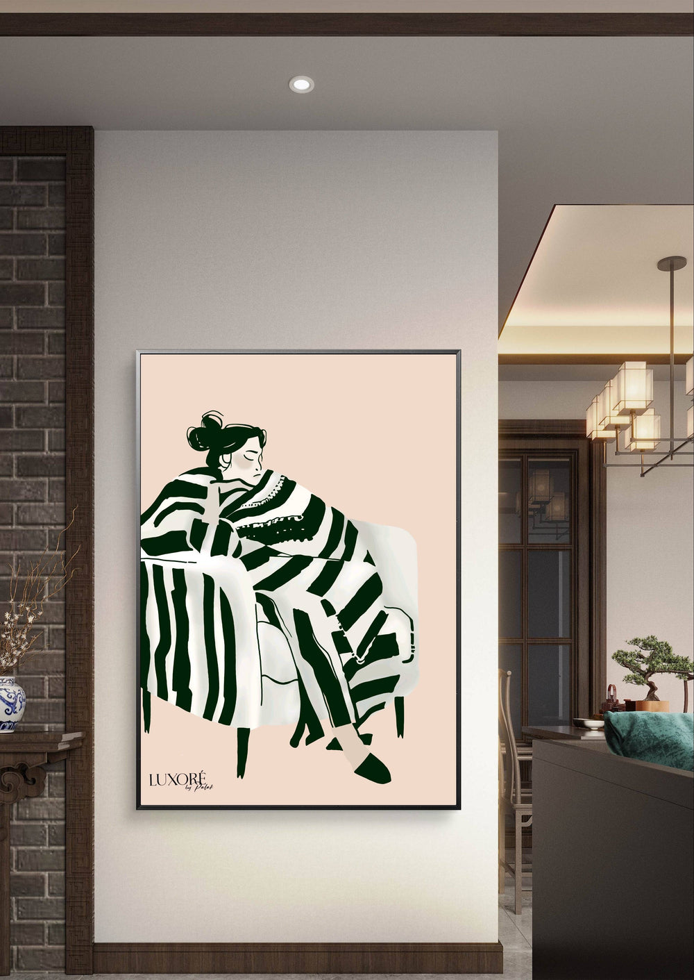 Sleepless Nights Painting - Digital Sofa Art | Monochrome Calm print featuring a woman in striped attire resting on a white sofa, ideal for modern interiors.
