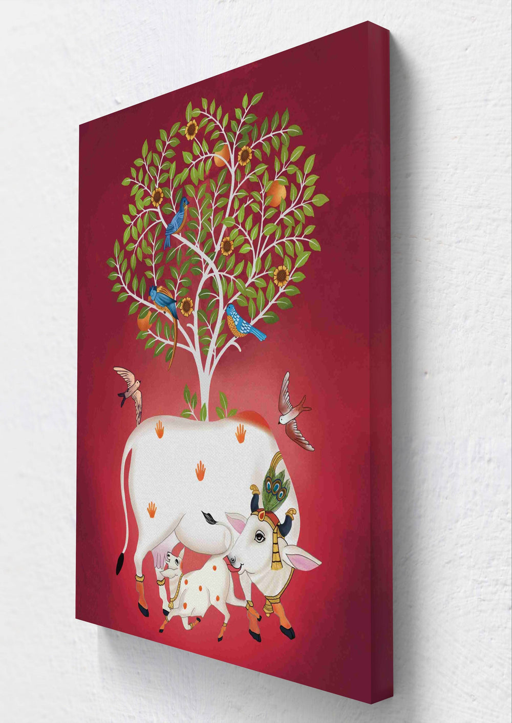 Pichwai Cow Calf Art - Digital Canvas Collection featuring a white cow and calf under a vibrant tree with birds on a red background. Ideal for Indian home decor.