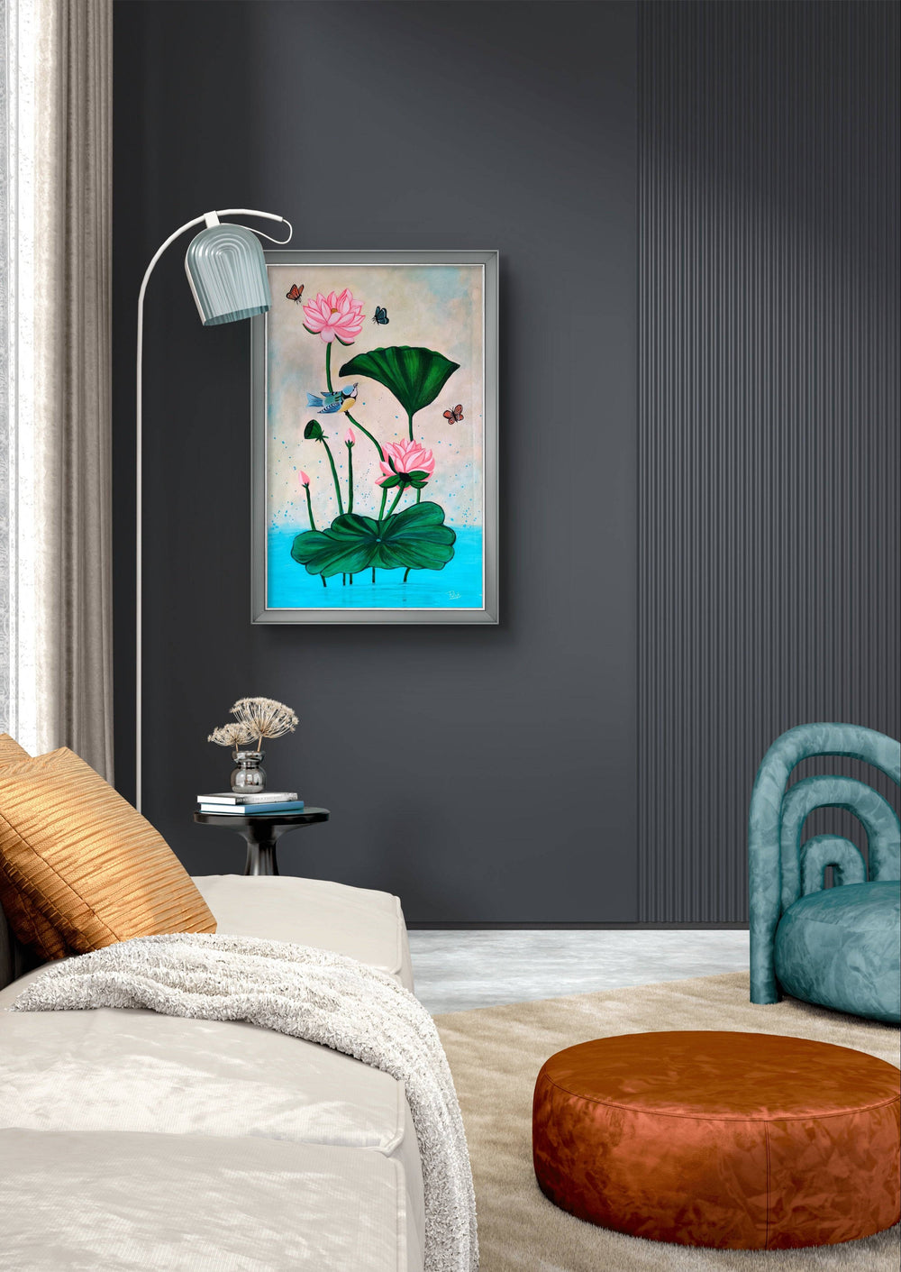 Elegant Pichwai lotus painting in a sophisticated living room with modern furniture.