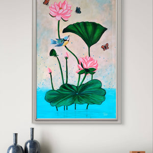 Nature-inspired Pichwai lotus painting on a minimalist sideboard in a modern home.