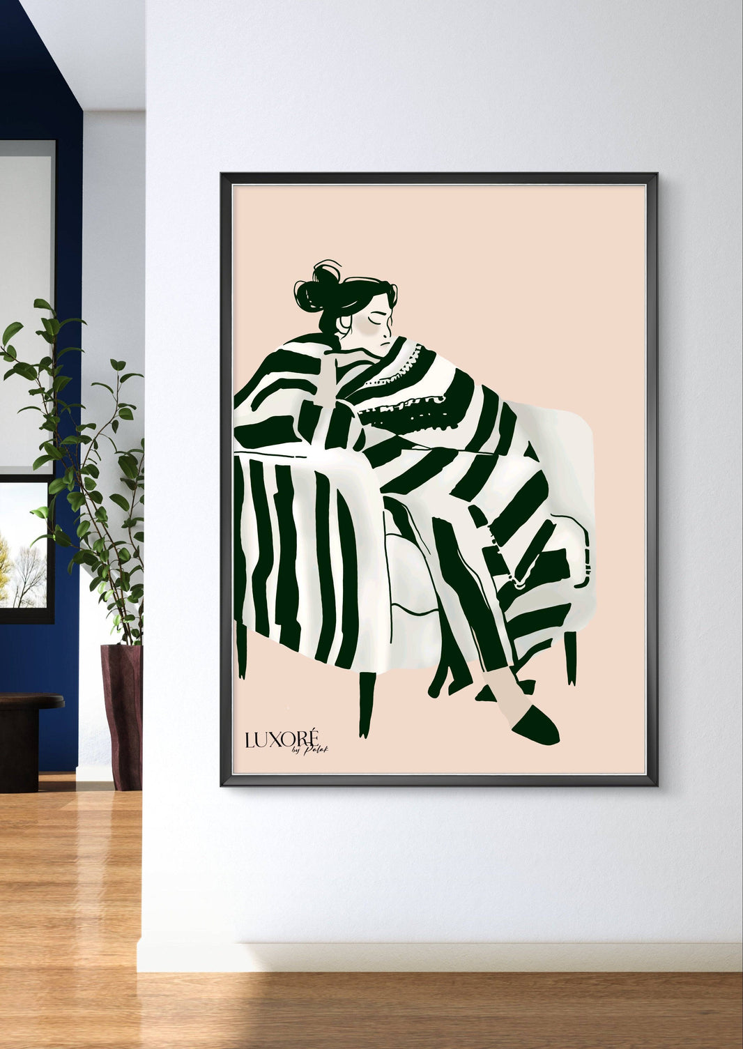 Sleepless Nights Painting - Digital Sofa Art | Monochrome Calm print features a woman in striped attire resting on a sofa, ideal for modern home decor.