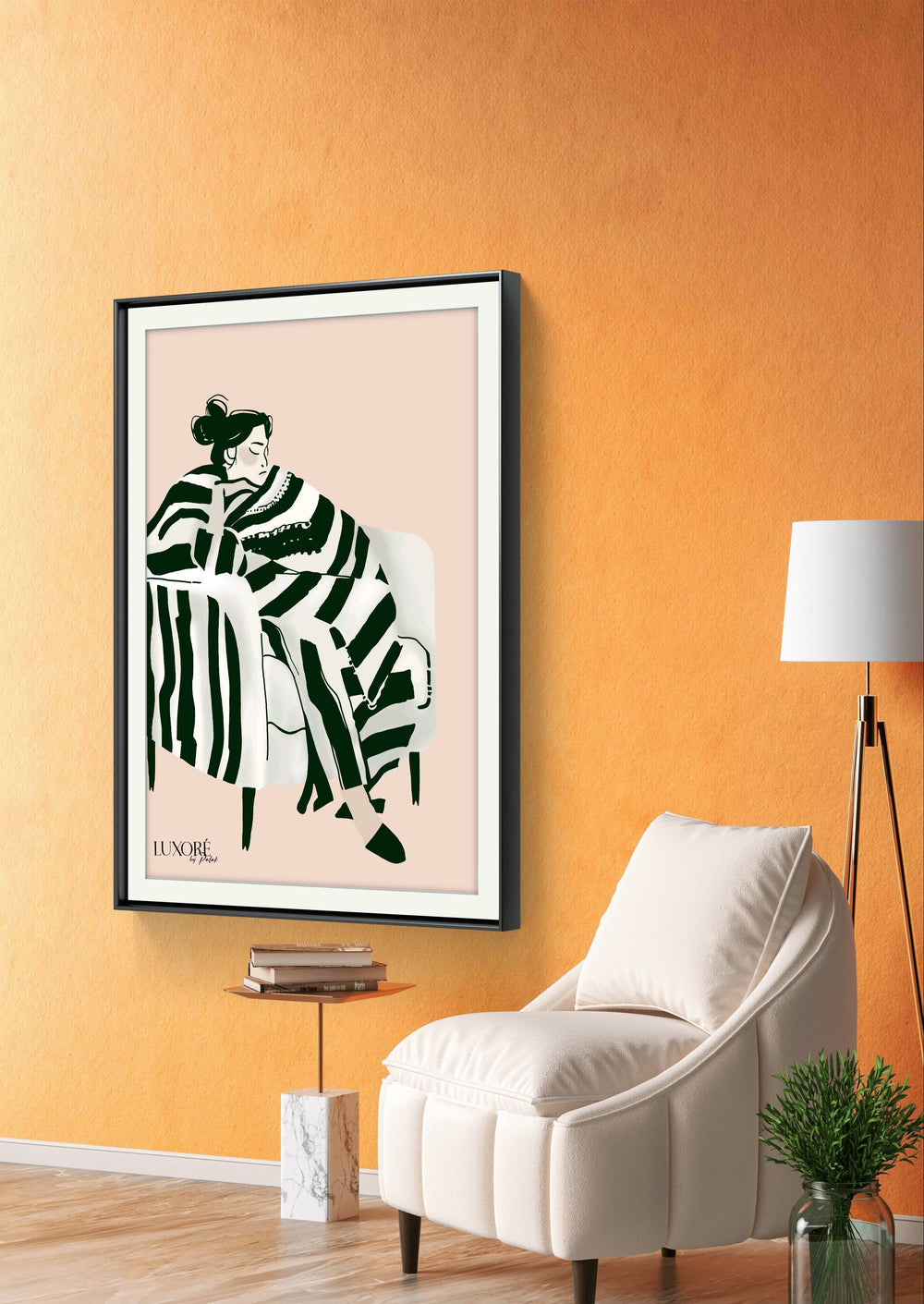 Sleepless Nights Painting - Digital Sofa Art in black and white line style, framed and displayed on orange wall, ideal for modern home decor.