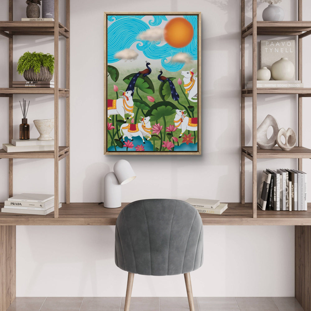 Elegant Pichwai digital painting with vibrant colors in a contemporary home office.