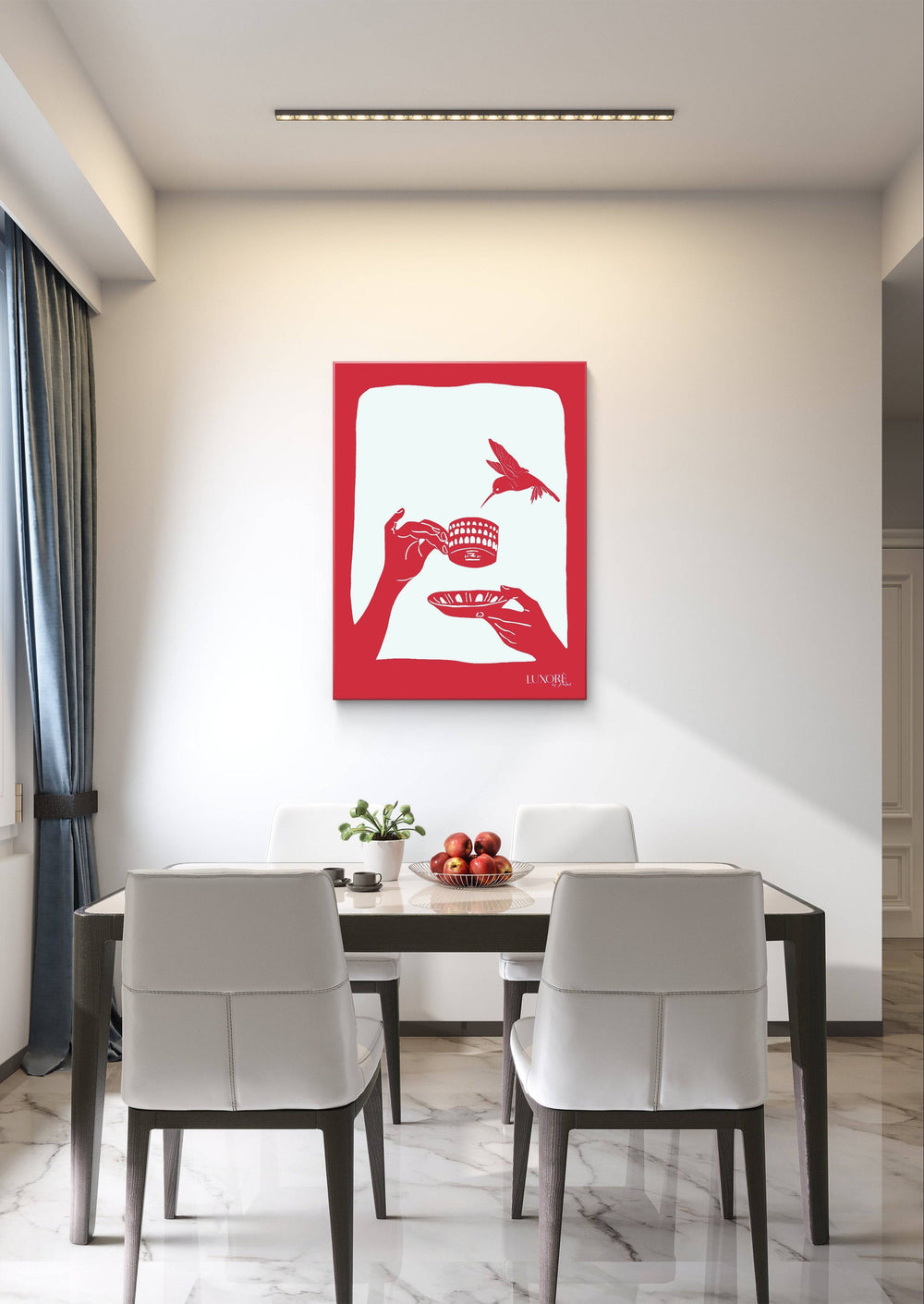 Coffee in Italy Pop Art Digital Painting in bold red tones featuring hands holding a coffee cup with a bird, displayed in a modern dining room. Ideal for home or cafe decor, this contemporary artwork adds Italian flair and sophistication.