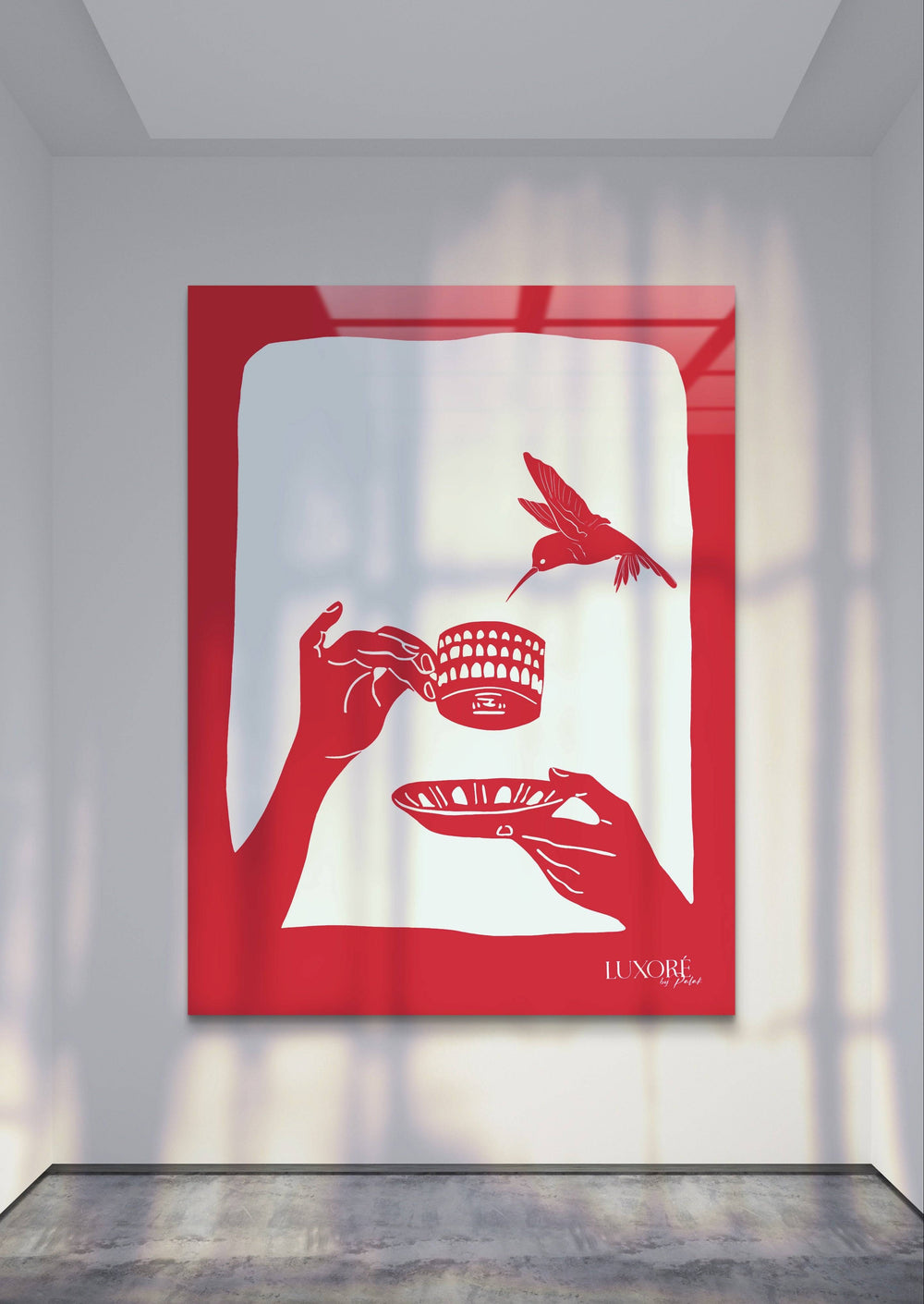 Coffee in Italy Pop Art Digital Painting in bold red tones featuring hands holding a coffee cup with a bird, displayed in a modern dining room. Ideal for home or cafe decor, this contemporary artwork adds Italian flair and sophistication.