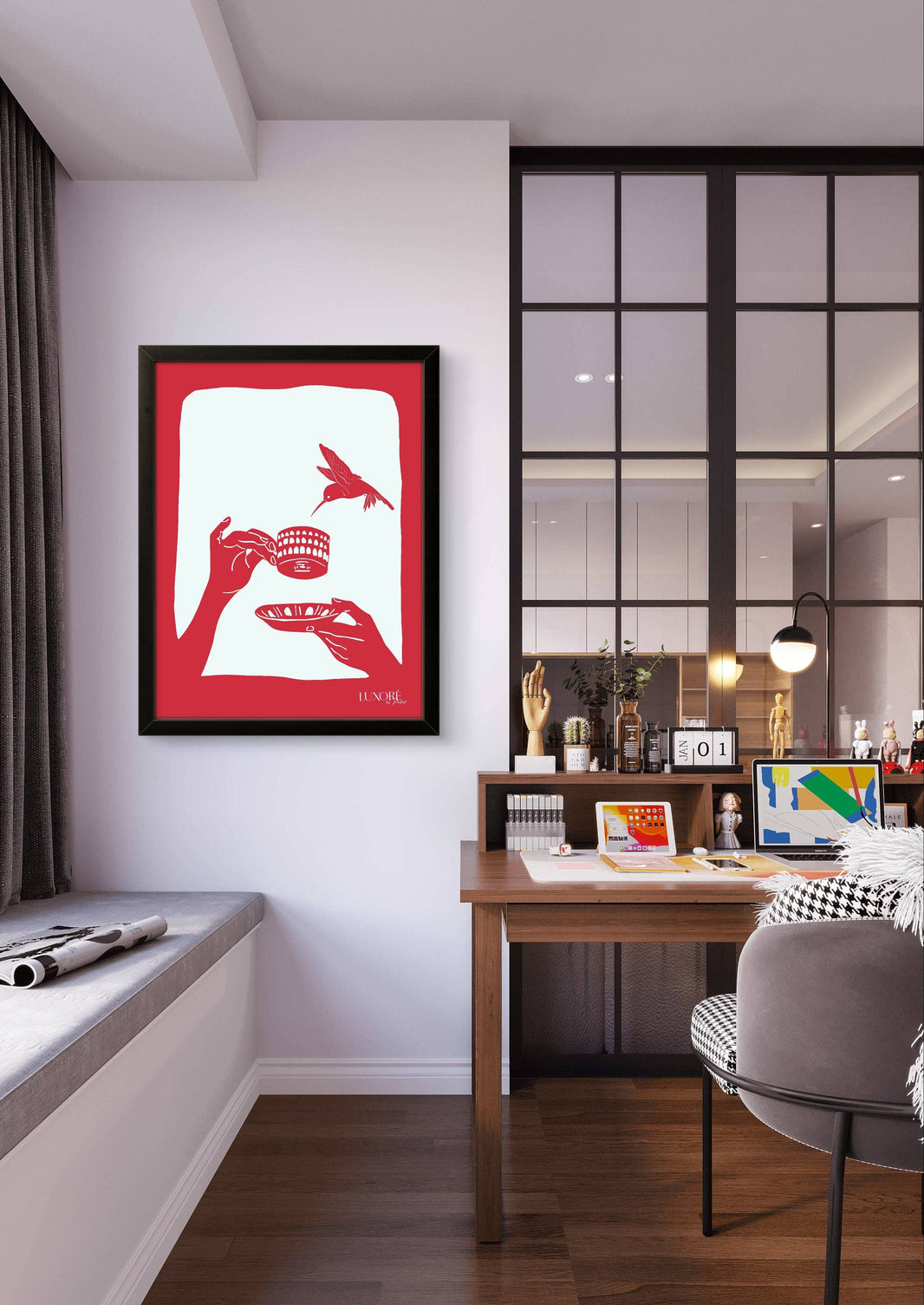 Coffee in Italy Pop Art - Digital Painting in bold red tones displayed in a modern home office. Ideal for stylish interior decor and art lovers.