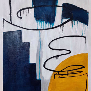 Original handmade abstract painting with bold blue and yellow textures on a white background.