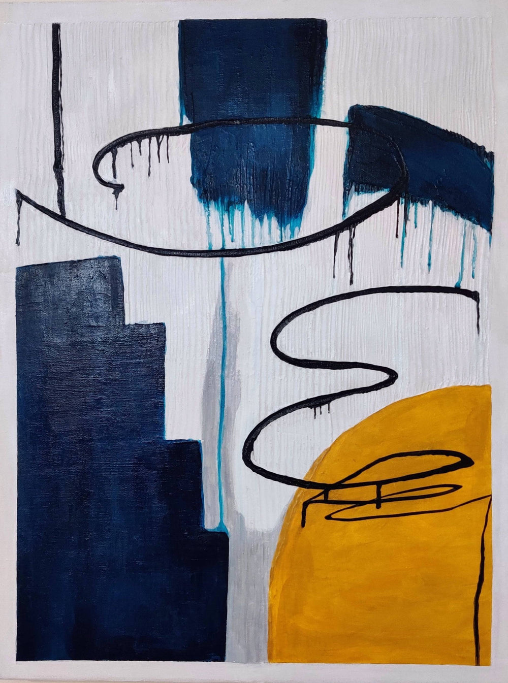 Original handmade abstract painting with bold blue and yellow textures on a white background.