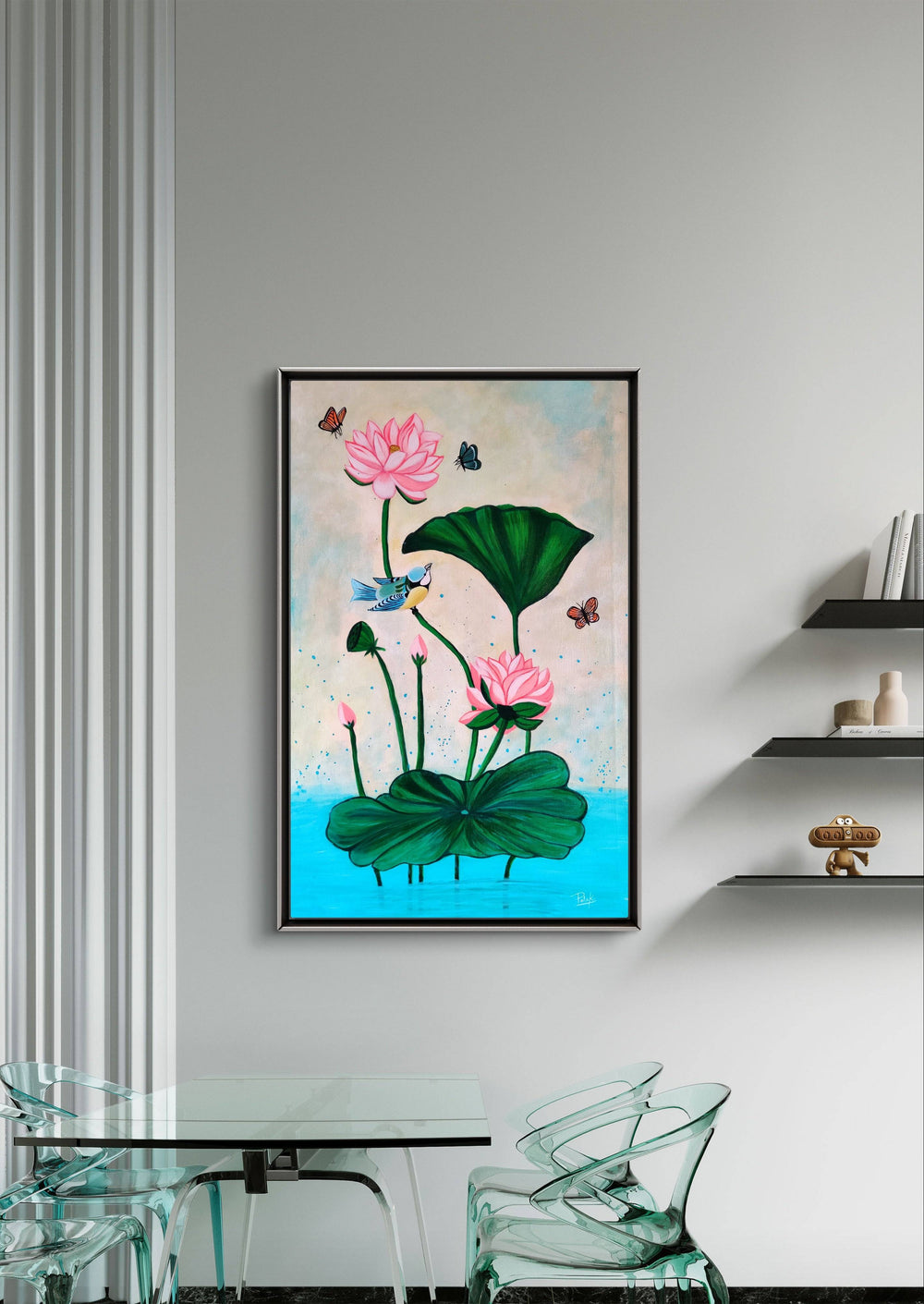 Modern Pichwai lotus painting in a sleek home office with glass furniture.