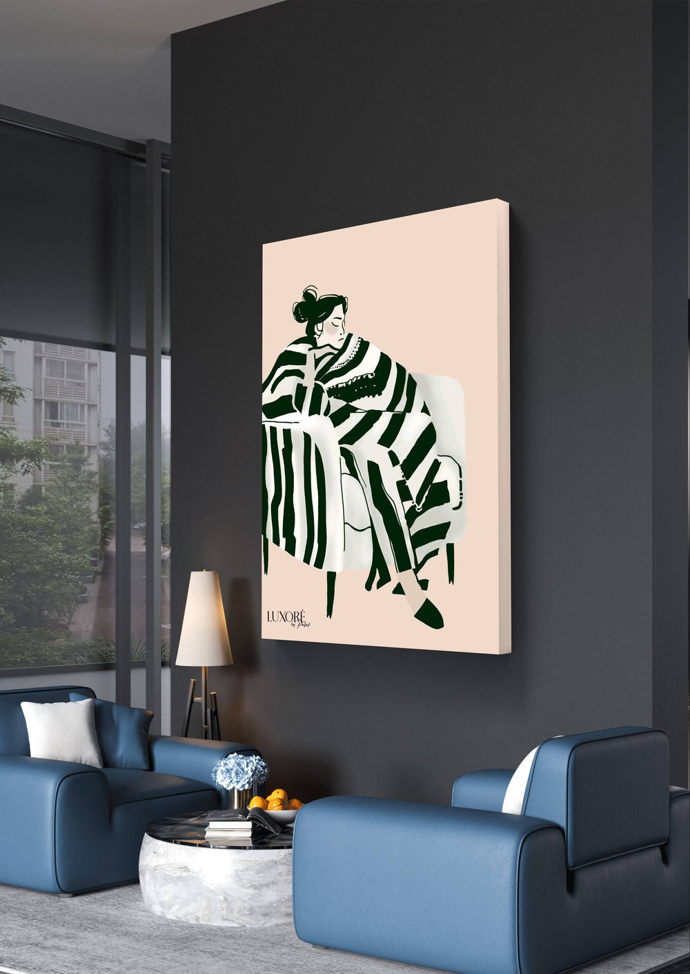 Sleepless Nights Painting - Digital Sofa Art in black and white line style, framed and displayed on orange wall, ideal for modern home decor.