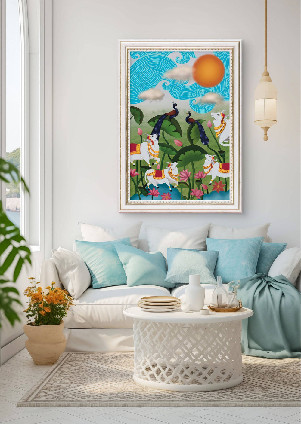 Traditional Pichwai digital painting with floral and animal motifs in a cozy living room.