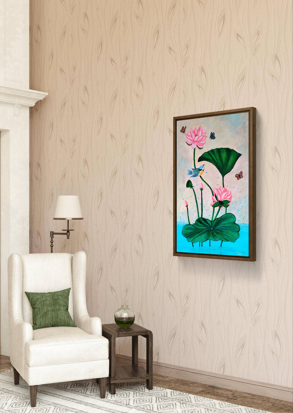 Pichwai acrylic painting of lotus flowers and birds in a serene reading corner.