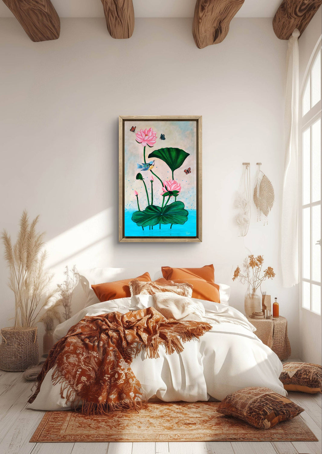Elegant Pichwai acrylic painting of lotus flowers in a cozy bedroom setting.