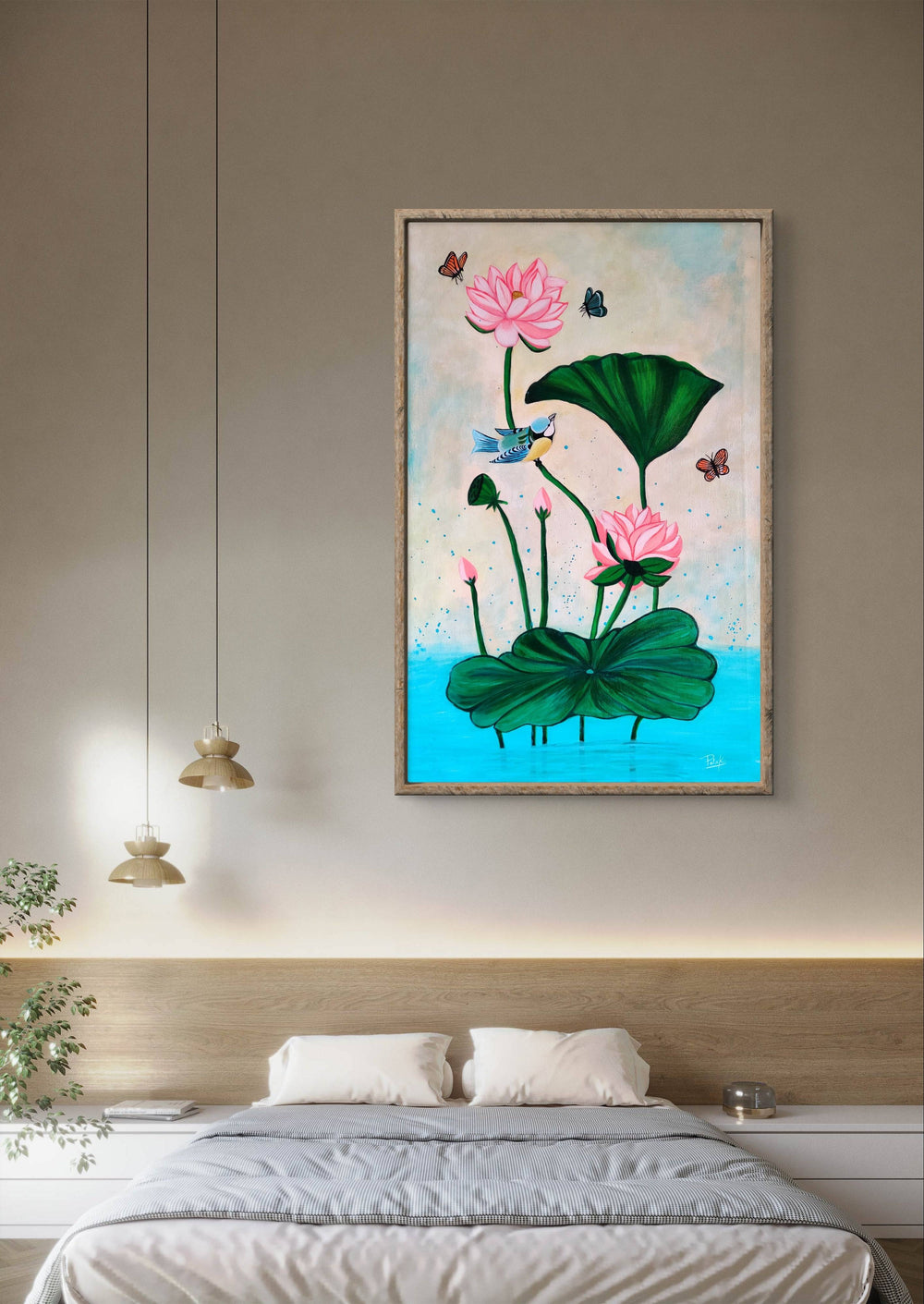 Handmade Pichwai lotus painting in a minimalist bedroom with neutral tones.