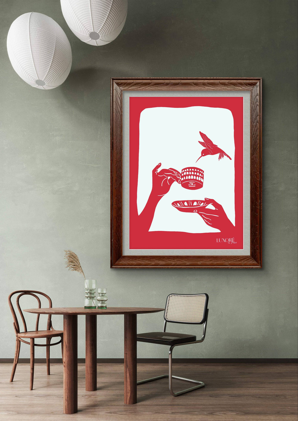 Coffee in Italy Pop Art Digital Painting in bold red tones featuring hands holding a coffee cup with a bird, displayed in a modern dining room. Ideal for home or cafe decor, this contemporary artwork adds Italian flair and sophistication.