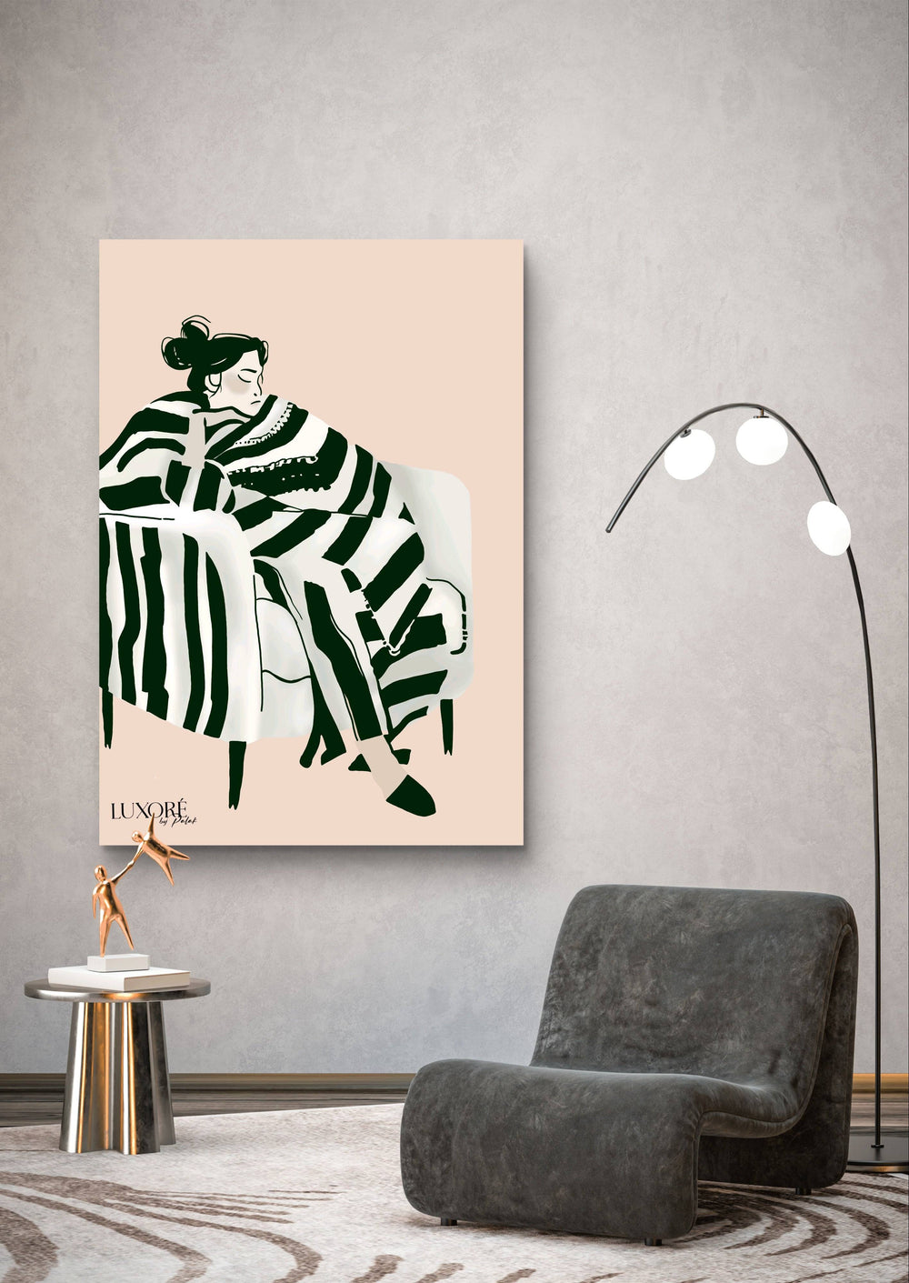 Sleepless Nights Painting - Digital Sofa Art | Monochrome Calm print featuring a woman in striped attire resting on a white sofa, ideal for modern interiors.