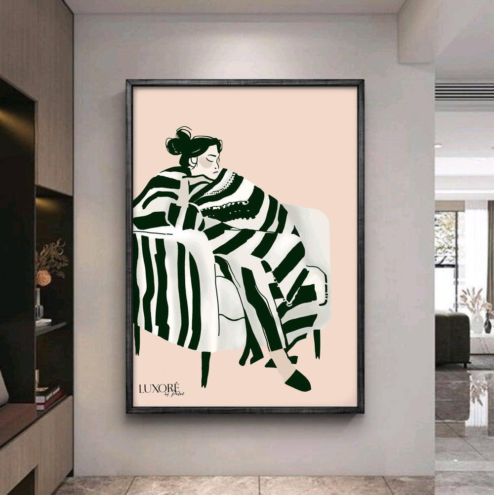 Sleepless Nights Painting - Digital Sofa Art in black and white line style, framed and displayed on orange wall, ideal for modern home decor.