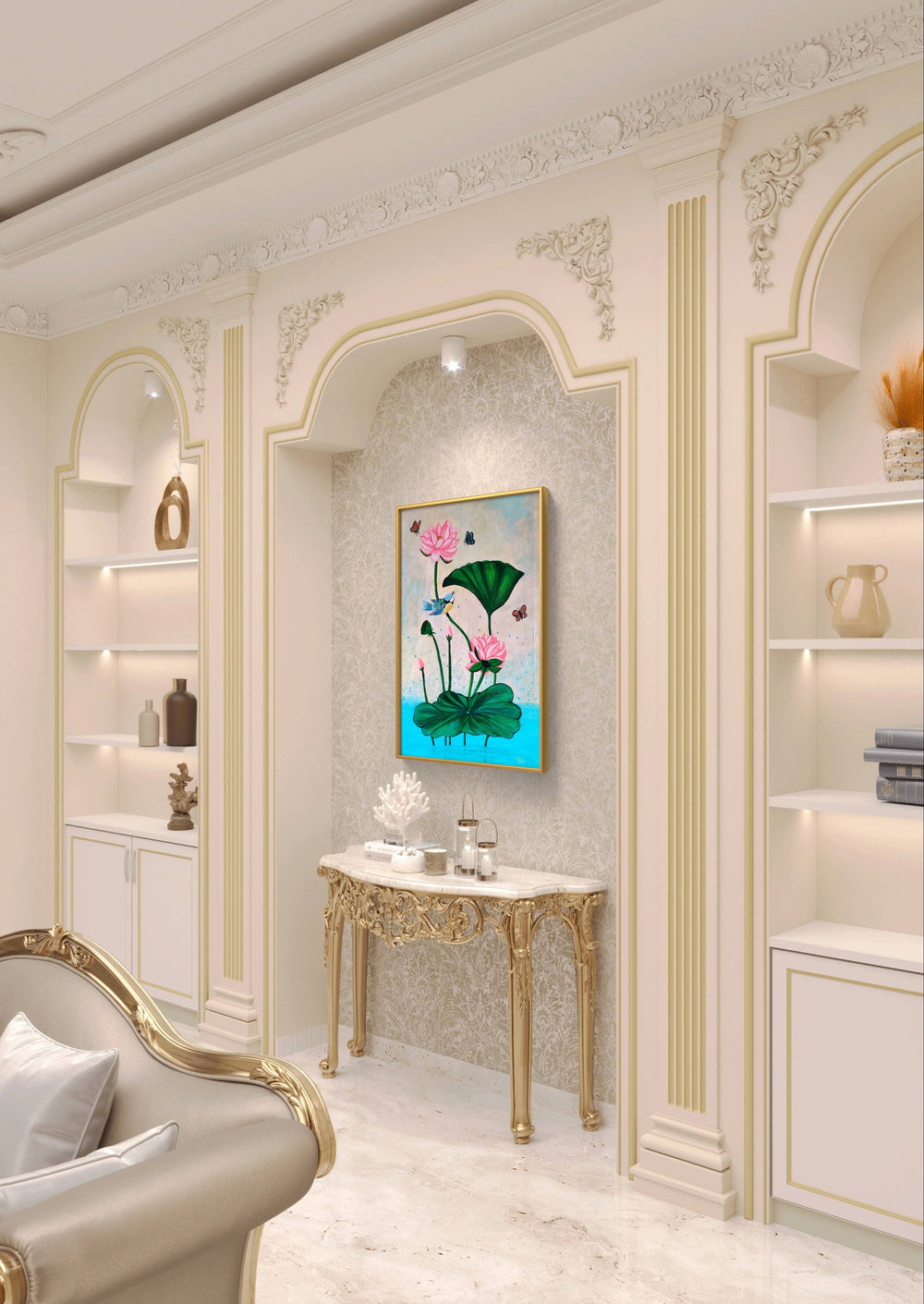 Luxurious Pichwai lotus painting displayed in a classic living room with ornate decor.