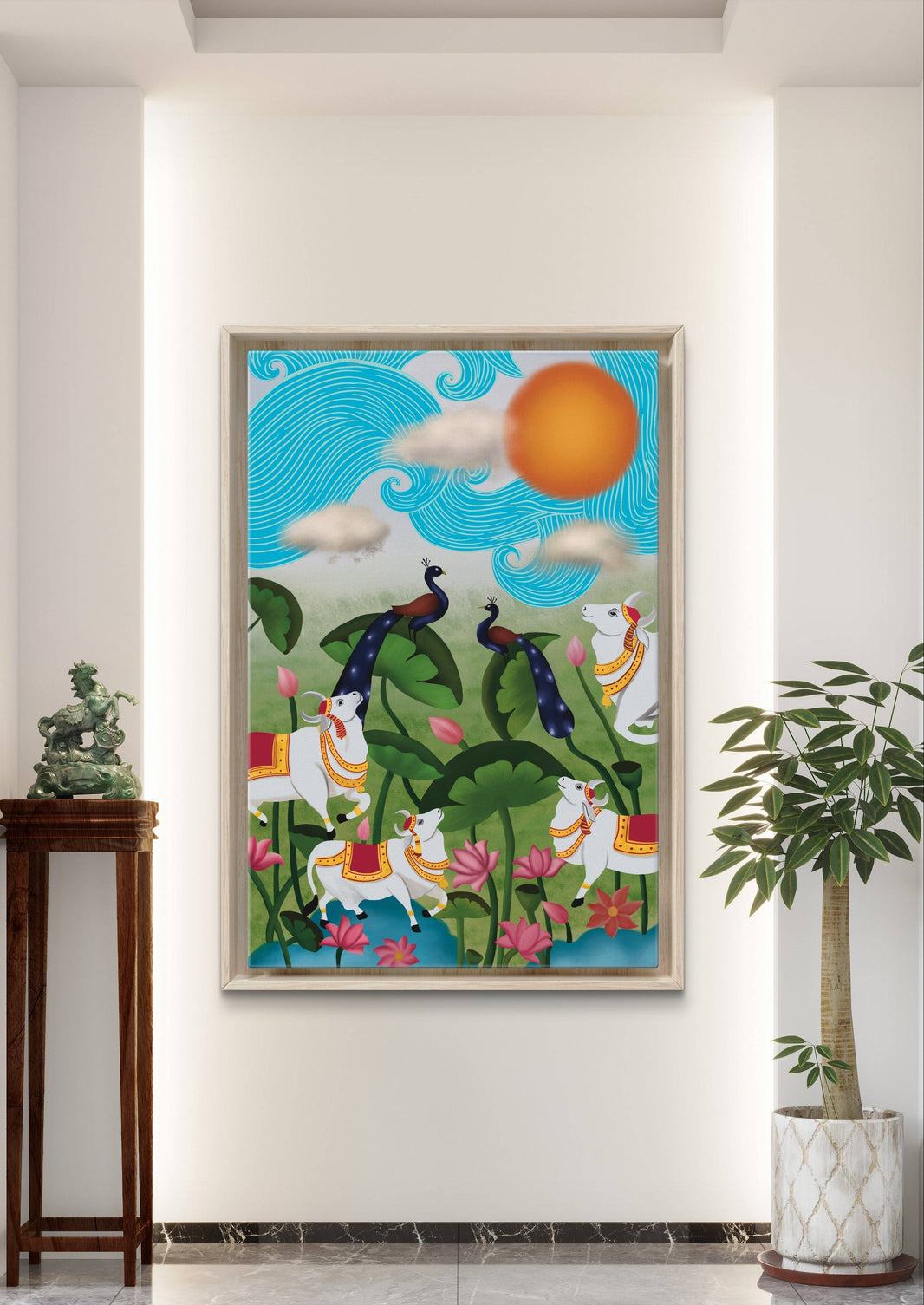 Serene Pichwai garden digital painting with cows, peacocks, and lotus flowers in a bright room.