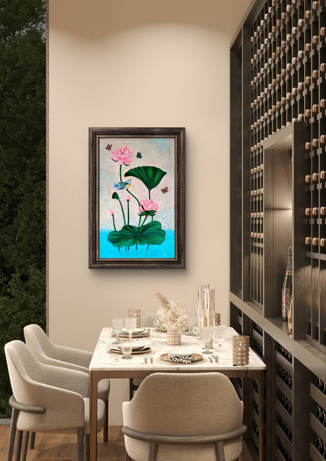 Pichwai handmade acrylic painting of lotus flowers and birds in a dining room decor.